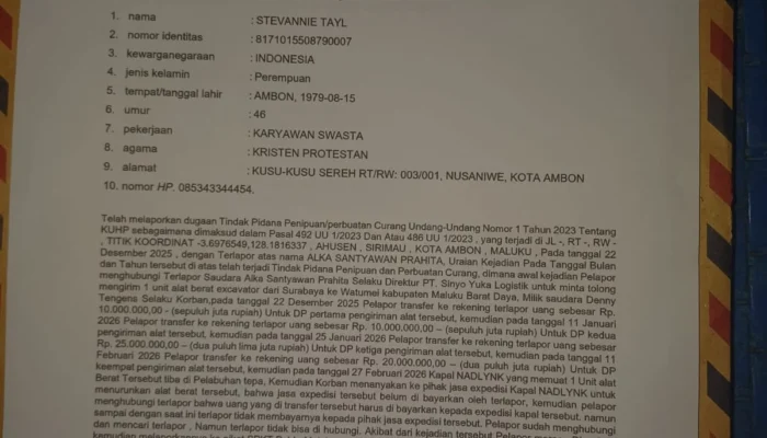 Direktur PT Sinyo Yuka Logistik Dipolisikan di SPKT Polda Maluku, Diduga Terlibat Kasus Penipuan Uang Puluhan Juta