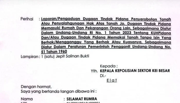 Polsek Kei Besar Belum Tindaklanjuti Laporan Penyerobotan Lahan di Elat, Pelapor Pertanyakan Kinerja Polisi